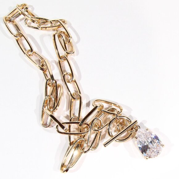 Gold Tone Paper Clip Link Necklace with a Clear Crystal Pendant - Picture 5 of 9